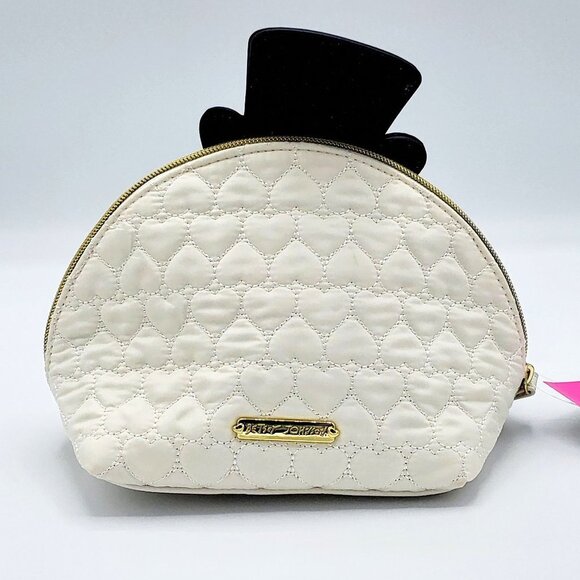 Betsey Johnson Happy Snowman Kitsch Cosmetic Bag with Quilted Hearts - Picture 3 of 9